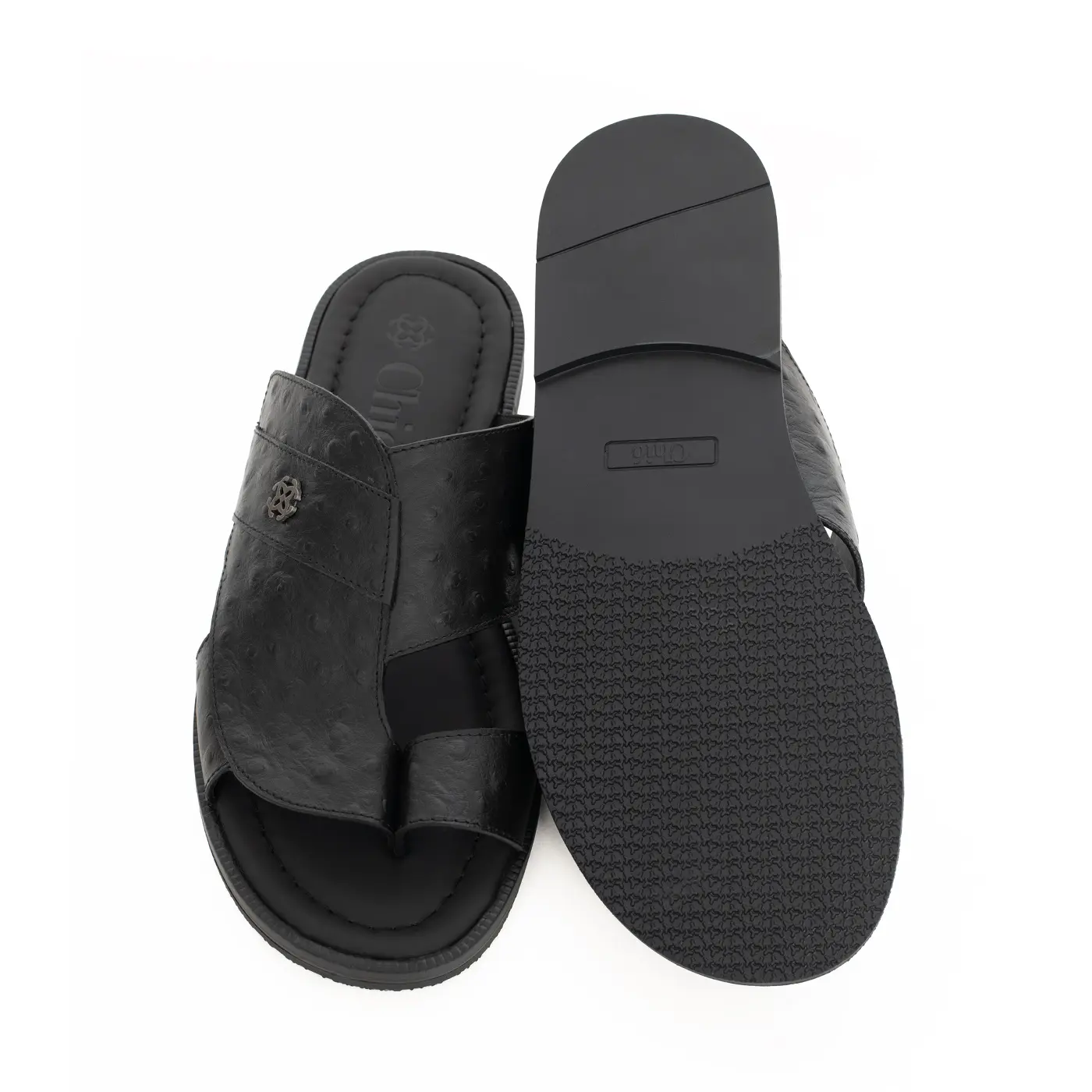 Ostrich-Printed Leather Flat Sandals